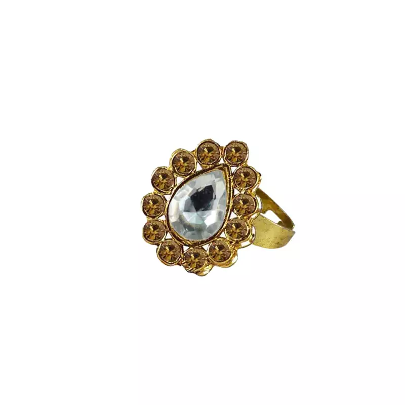Brass Gold Platted  Golden Stone Studded  Ring With Adjustable