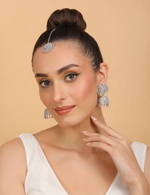 Rhodium Plated White Stone Jhumka with Tikka 216ED693 3