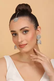 Rhodium Plated White Stone Jhumka with Tikka 216ED693