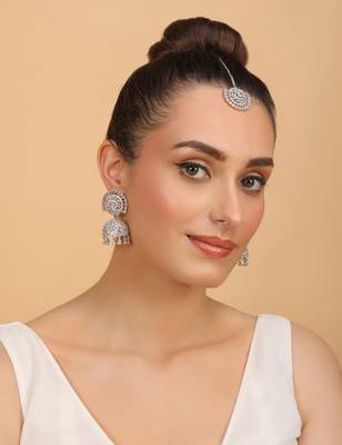 Rhodium Plated White Stone Jhumka with Tikka 216ED693 4