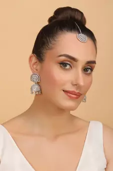 Rhodium Plated White Stone Jhumka with Tikka 216ED693