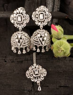 Rhodium Plated White Stone Jhumka with Tikka 216ED694 1