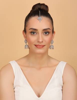 Rhodium Plated White Stone Jhumka with Tikka 216ED694 3