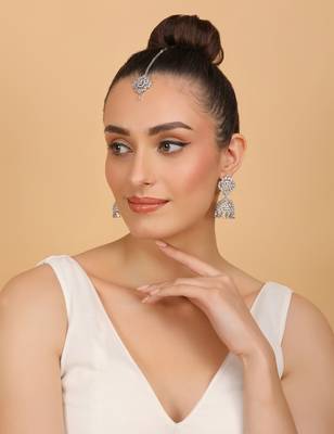 Rhodium Plated White Stone Jhumka with Tikka 216ED694 4