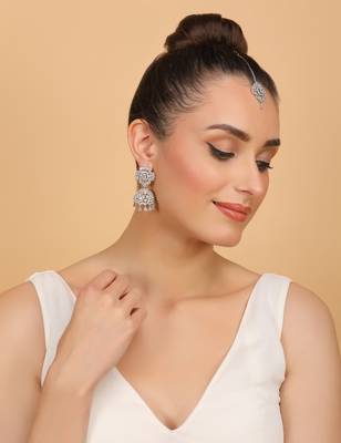 Rhodium Plated White Stone Jhumka with Tikka 216ED694 5