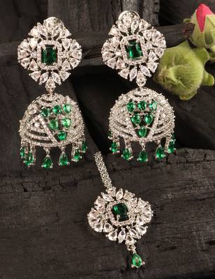 Rhodium Plated Hydro Green Stone Jhumka with Tikka 216ED695 1