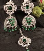 Rhodium Plated Hydro Green Stone Jhumka with Tikka 216ED695