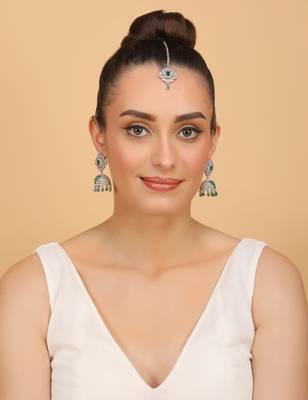 Rhodium Plated Hydro Green Stone Jhumka with Tikka 216ED695 2