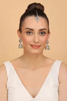 Rhodium Plated Hydro Green Stone Jhumka with Tikka 216ED695