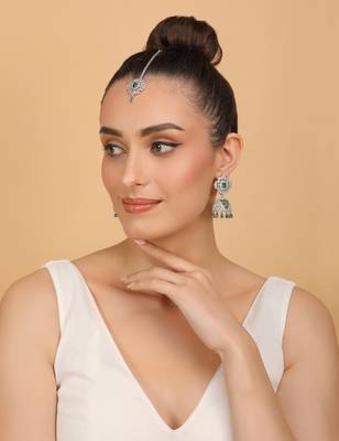 Rhodium Plated Hydro Green Stone Jhumka with Tikka 216ED695 3