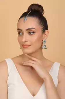 Rhodium Plated Hydro Green Stone Jhumka with Tikka 216ED695