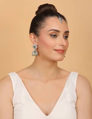 Rhodium Plated Hydro Green Stone Jhumka with Tikka 216ED695 4