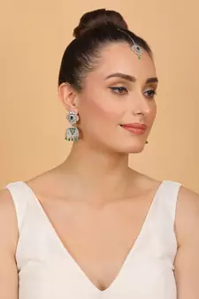 Rhodium Plated Hydro Green Stone Jhumka with Tikka 216ED695