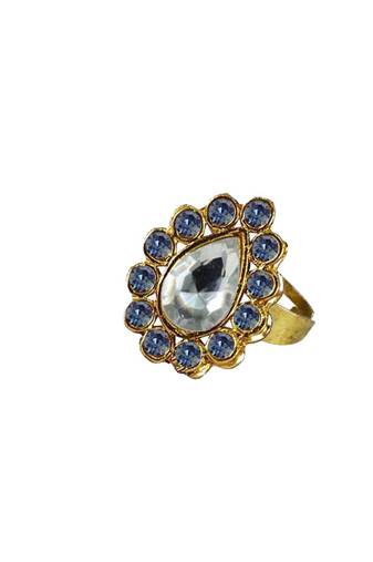 Brass Gold Platted  Blue Stone Studded  Ring With Adjustable