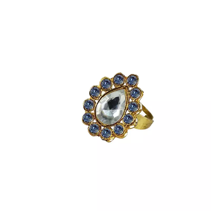 Brass Gold Platted  Blue Stone Studded  Ring With Adjustable