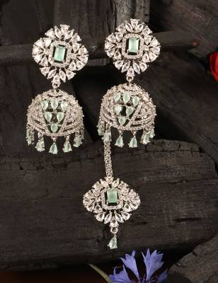 Rhodium Plated Mint Stone Jhumka with Tikka 216ED696 1