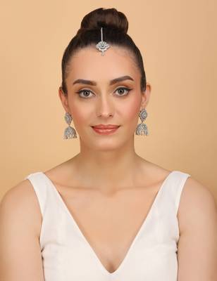 Rhodium Plated Mint Stone Jhumka with Tikka 216ED696 2