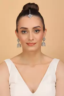 Rhodium Plated Mint Stone Jhumka with Tikka 216ED696