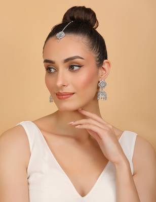 Rhodium Plated Mint Stone Jhumka with Tikka 216ED696 3