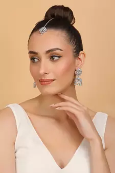 Rhodium Plated Mint Stone Jhumka with Tikka 216ED696