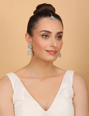 Rhodium Plated Mint Stone Jhumka with Tikka 216ED696 4