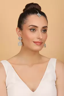 Rhodium Plated Mint Stone Jhumka with Tikka 216ED696
