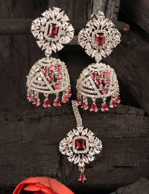Rhodium Plated Hydro Ruby Stone Jhumka with Tikka 216ED697 1