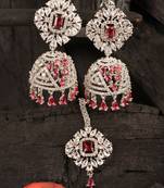 Rhodium Plated Hydro Ruby Stone Jhumka with Tikka 216ED697