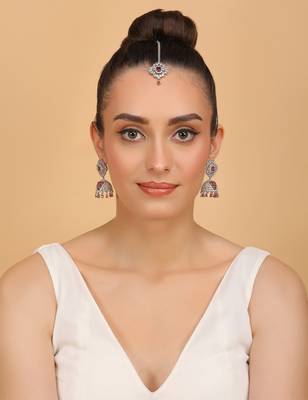 Rhodium Plated Hydro Ruby Stone Jhumka with Tikka 216ED697 2