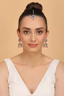 Rhodium Plated Hydro Ruby Stone Jhumka with Tikka 216ED697