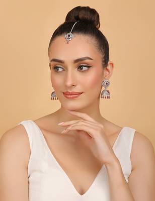 Rhodium Plated Hydro Ruby Stone Jhumka with Tikka 216ED697 3