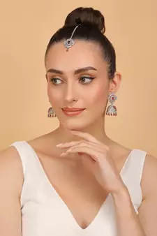 Rhodium Plated Hydro Ruby Stone Jhumka with Tikka 216ED697