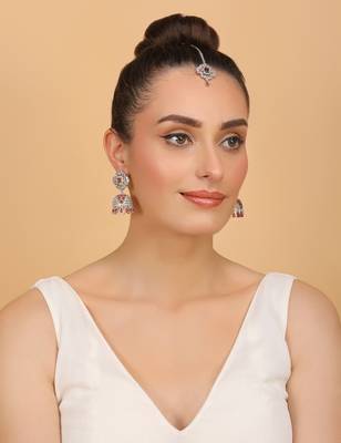 Rhodium Plated Hydro Ruby Stone Jhumka with Tikka 216ED697 4