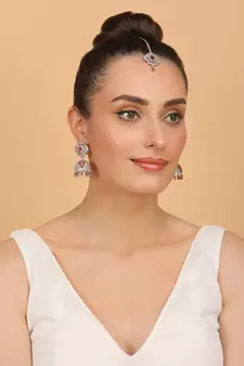 Rhodium Plated Hydro Ruby Stone Jhumka with Tikka 216ED697