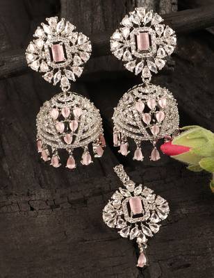 Rhodium Plated Pink Stone Jhumka with Tikka 216ED698 1