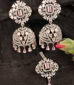 Rhodium Plated Pink Stone Jhumka with Tikka 216ED698