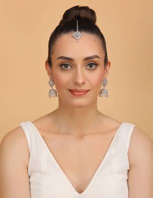 Rhodium Plated Pink Stone Jhumka with Tikka 216ED698 2