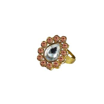 Brass Gold Platted  Peach Stone Studded  Ring With Adjustable 1