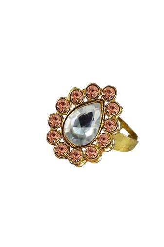 Brass Gold Platted  Peach Stone Studded  Ring With Adjustable