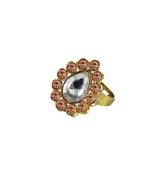 Brass Gold Platted  Peach Stone Studded  Ring With Adjustable