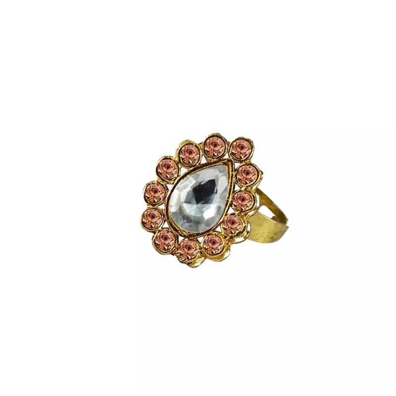 Brass Gold Platted  Peach Stone Studded  Ring With Adjustable