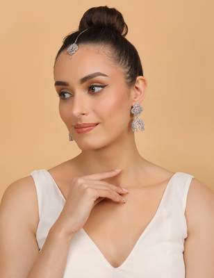 Rhodium Plated Pink Stone Jhumka with Tikka 216ED698 3