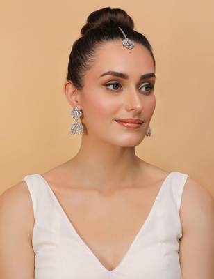 Rhodium Plated Pink Stone Jhumka with Tikka 216ED698 4