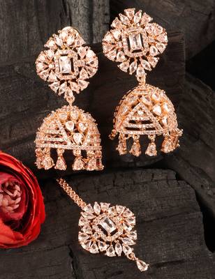Rose gold plated white stone jhumka with tikka 1