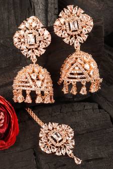 Rose gold plated white stone jhumka with tikka