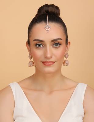 Rose gold plated white stone jhumka with tikka 2