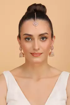 Rose gold plated white stone jhumka with tikka