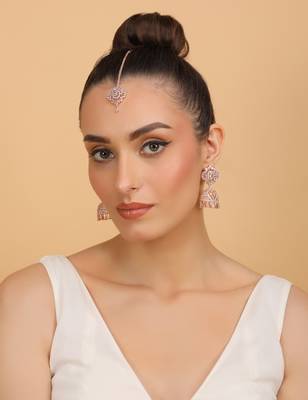 Rose gold plated white stone jhumka with tikka 3