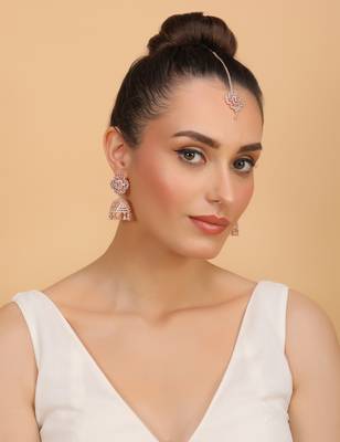 Rose gold plated white stone jhumka with tikka 4