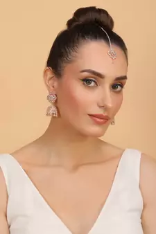 Rose gold plated white stone jhumka with tikka